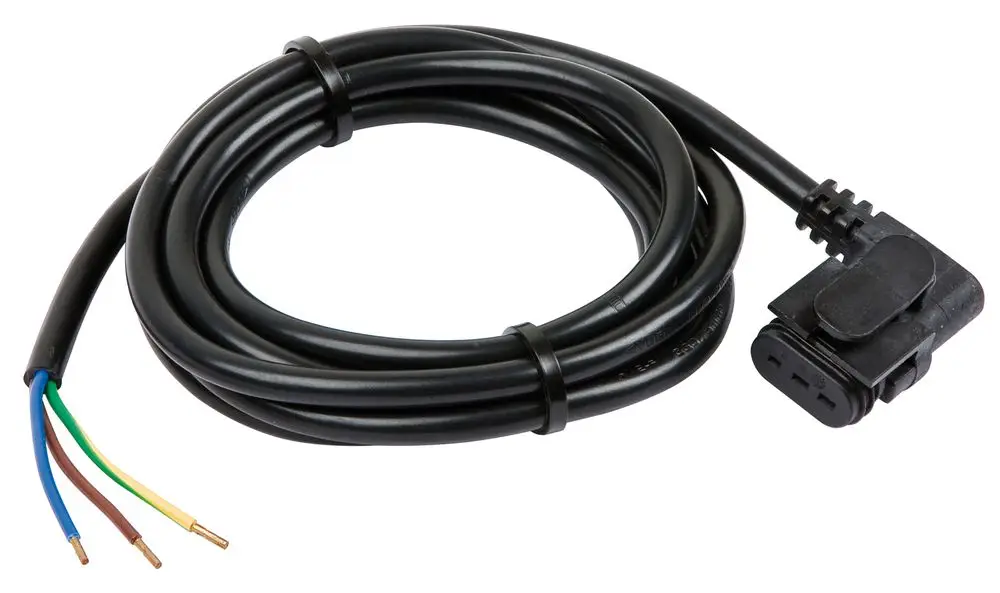Schwarzes Kabel mit einem Winkelstecker und drei farbigen Adern (grün, braun, gelb), geeignet für elektrisches Zubehör von Wilo.