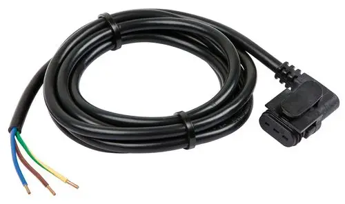 Schwarzes Kabel mit einem Winkelstecker und drei farbigen Adern (grün, braun, gelb), geeignet für elektrisches Zubehör von Wilo.