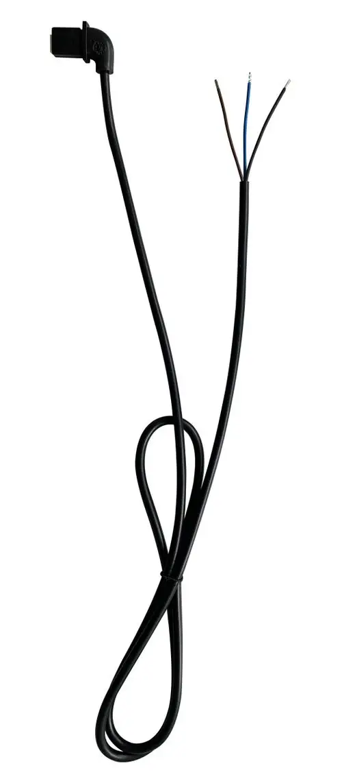 Schwarzes Kabel mit einem abgewinkelten Anschluss auf einer Seite und drei offenen Drähten; Wilo-Marke sichtbar.