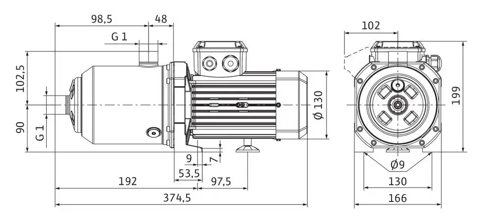 Hochdruck-Kreiselpumpe mit motorisiertem Antrieb, seitlicher Anschluss für Rohrleitungen und Wilo-Logo, in technischer Zeichnung mit Maßangaben.