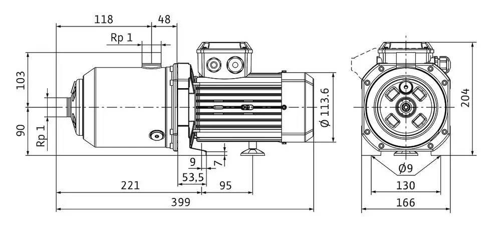 Hochdruck-Kreiselpumpe mit elektro-mechanischem Antrieb, anschauliche Darstellung der Komponenten und Maße. Hersteller: Wilo.