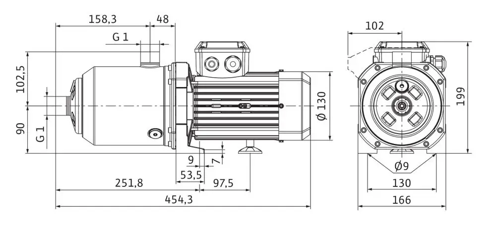 Hochdruck-Kreiselpumpe mit robustem Gehäuse und elektrischen Anschlüssen. Seitenansicht zeigt Abmessungen und Anschlüsse. Marke Wilo ist erkennbar.