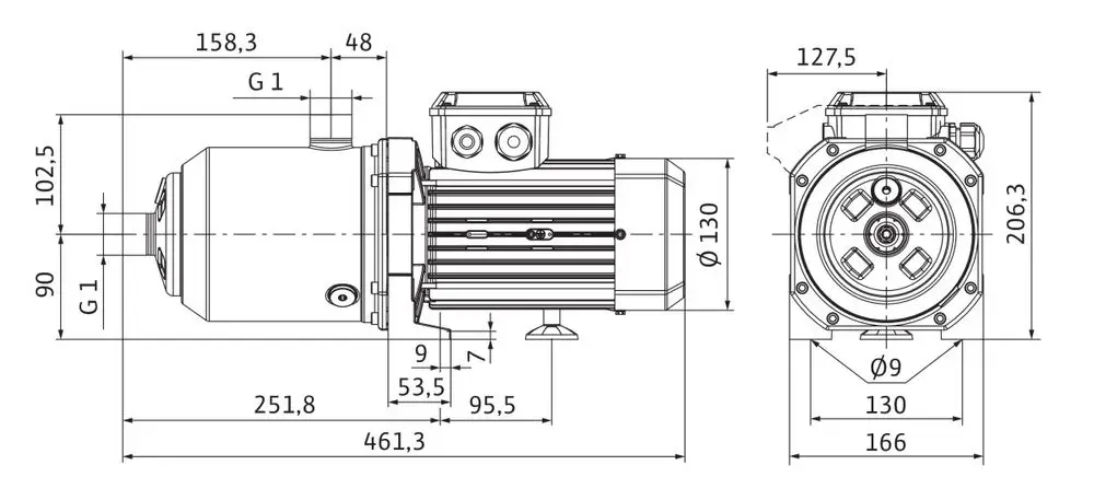 Hochdruck-Kreiselpumpe von Wilo, dargestellt in einem technischen Diagramm mit verschiedenen Maßen und Anschlussdetails, einschließlich G1-Anschlüsse.