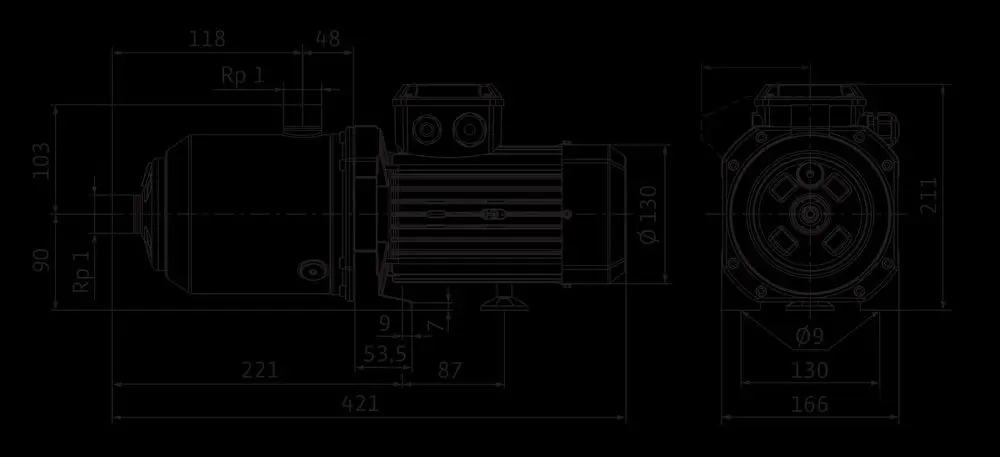 Hochdruck-Kreiselpumpe von Wilo mit seitlicher Anordnung von Anschlüssen, technische Zeichnung mit Maßen und Details zur Montage.