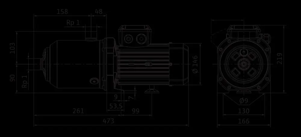 Zeichnung einer Wilo Hochdruck-Kreiselpumpe mit technischen Maßen und Details zu Anschlussmöglichkeiten. Seitenansicht und Draufsicht dargestellt.