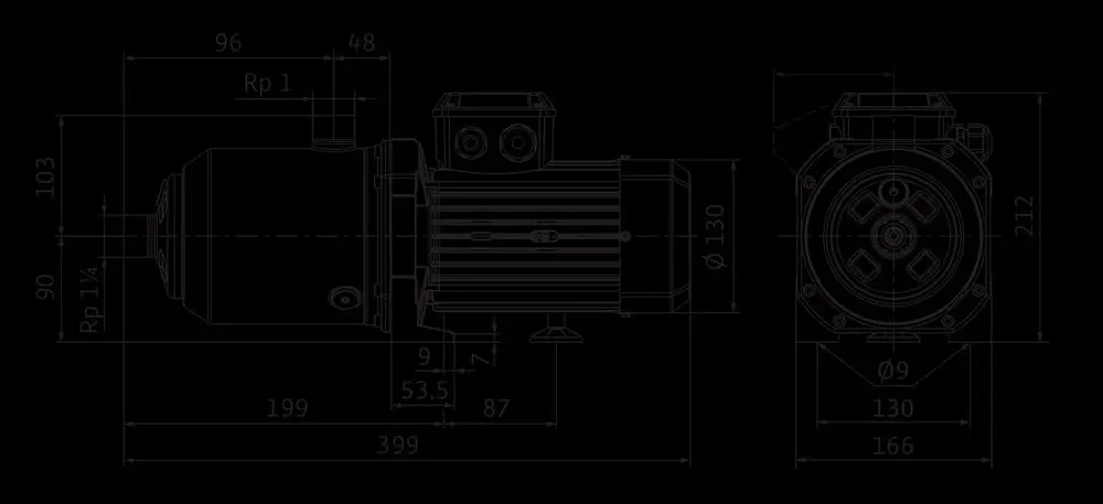 Hochdruck-Kreiselpumpe von Wilo mit sichtbaren Maßen und Anschlussdetails, dargestellt in technischen Zeichnungen von der Seite und der Frontansicht.
