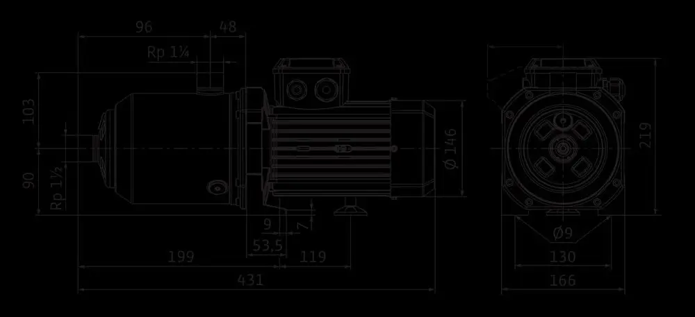 Hochdruck-Kreiselpumpe von Wilo, technische Zeichnung mit Maßen und Anschlussdetails, Seitenansicht und Draufsicht zur Darstellung der Konstruktion.