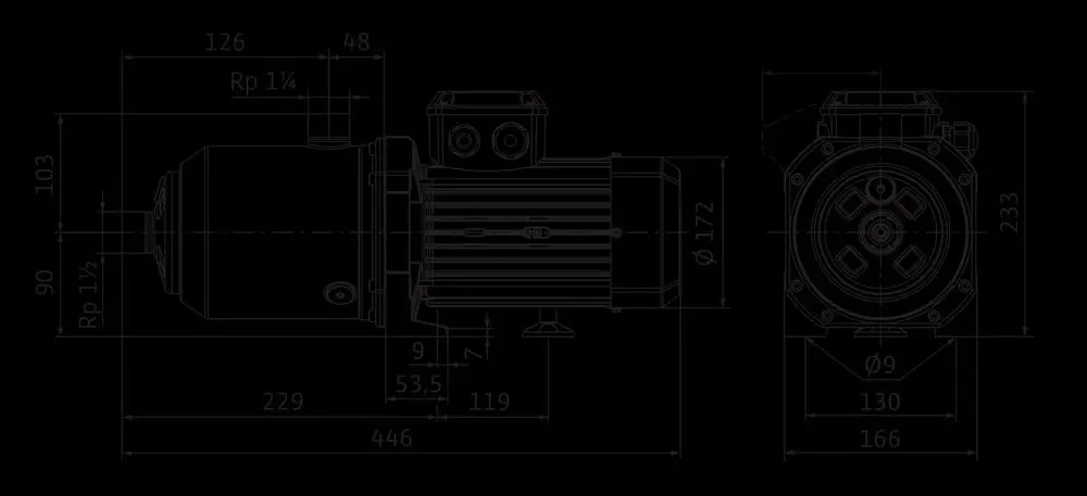 Hochdruckpumpe von Wilo mit schematischer Darstellung, einschließlich technischer Maße und Anschlussdetails, auf schwarzem Hintergrund.