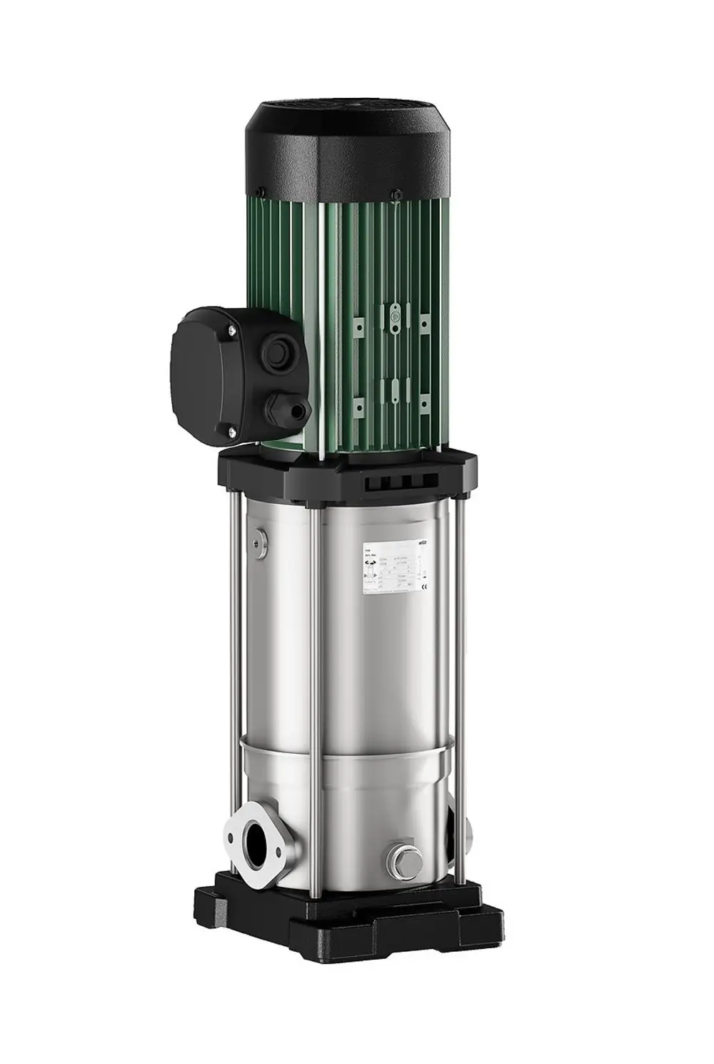 Vertikale Hochdruck-Kreiselpumpe von Wilo mit silbernem Gehäuse und schwarzem Motor. An den Seiten sind zwei Anschlussstutzen zu erkennen.