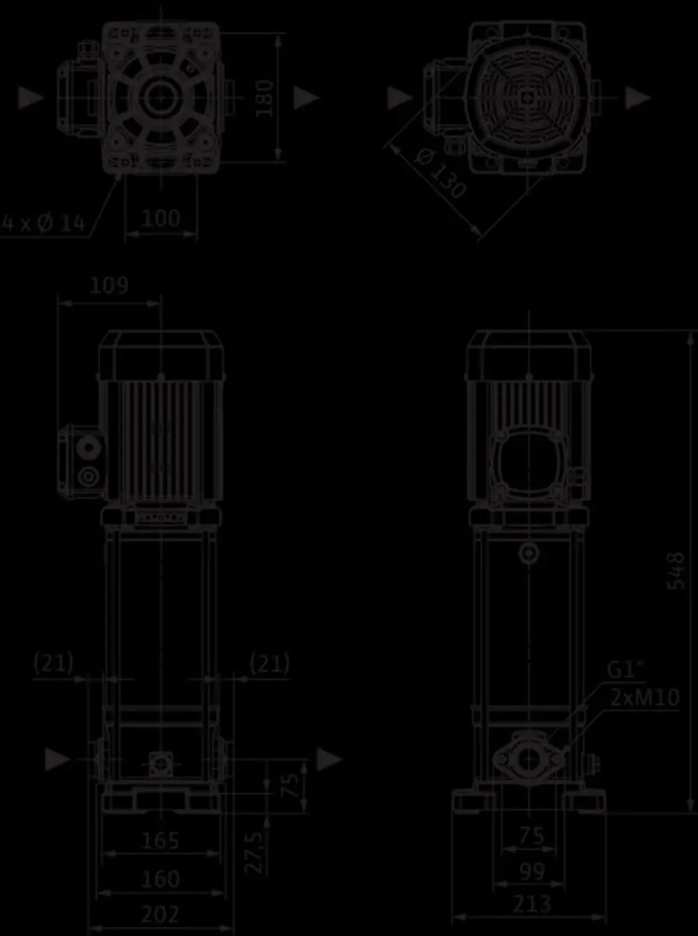 Diagramm einer Hochdruck-Kreiselpumpe der Marke Wilo mit verschiedenen Ansichten und Maßangaben im technischen Format.