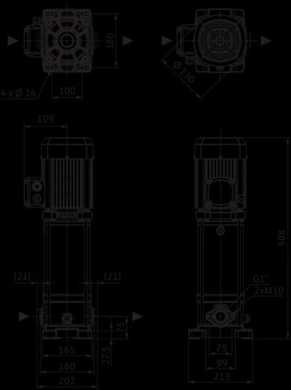 Hochdruck-Kreiselpumpe von Wilo mit schematischer Darstellung und Maßangaben. Seitenansicht und Draufsicht zeigen Anschlussmaße und Bauform.