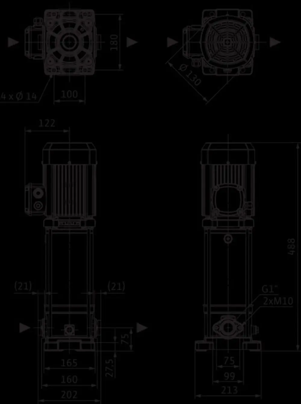Kreiselpumpe von Wilo mit vertikalem Design und mehreren Anschlussmaßen. Technische Zeichnung zeigt Dimensionen und Steckelemente für Installation und Integration.