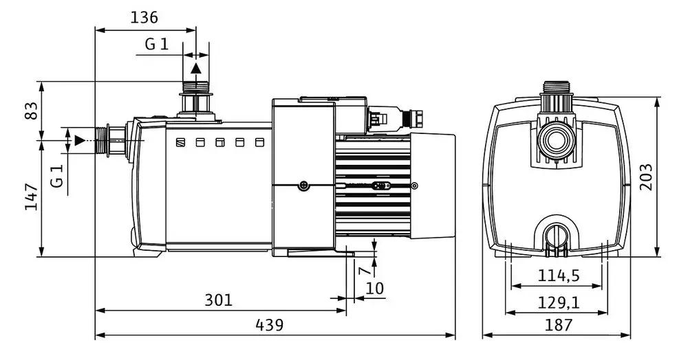 Hochdruck-Kreiselpumpe mit Abmessungen und Anschlussdetails. Wilo-Logo sichtbar auf dem Gerät. Technische Zeichnung mit verschiedenen Perspektiven und Maßen.
