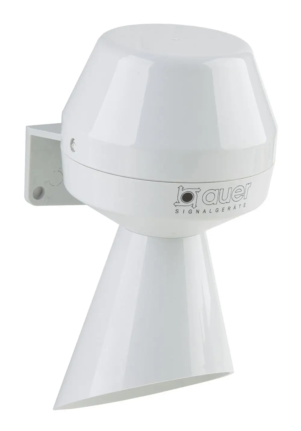 Weißes Signalhorn von Wilo, montiert an der Wand, mit einem konischen Auslass und einem runden, geschlossenen oberen Teil für Alarm- oder Signalzwecke.