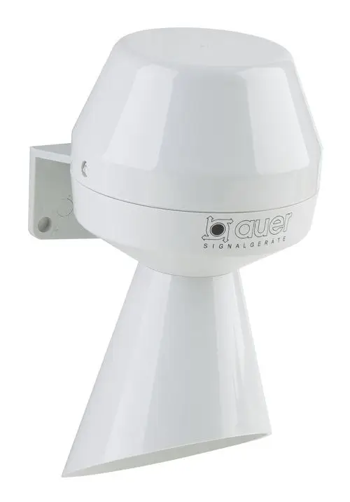 Weißes Signalhorn von Wilo, montiert an der Wand, mit einem konischen Auslass und einem runden, geschlossenen oberen Teil für Alarm- oder Signalzwecke.