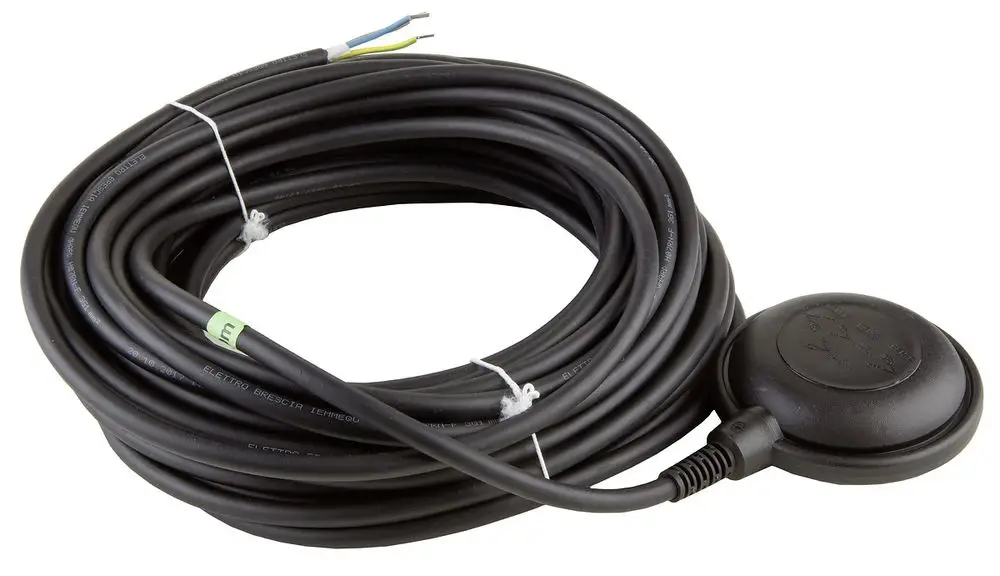 Kabel mit Schwimmerschalter von Wilo. Das Kabel ist aufgerollt und hat zwei farbige Leitungen. Der Schalter ist rund und befindet sich am Ende des Kabels.