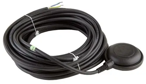Kabel mit Schwimmerschalter von Wilo. Das Kabel ist aufgerollt und hat zwei farbige Leitungen. Der Schalter ist rund und befindet sich am Ende des Kabels.