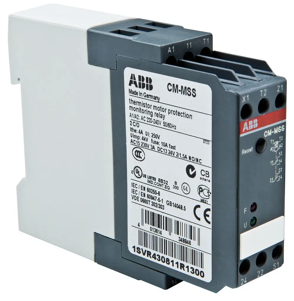 Schwarzes, kompaktes elektrisches Zubehör zur Motorschutzüberwachung. Hersteller ABB. Enthält Anschlüsse für Verkabelung und Funktionstasten.