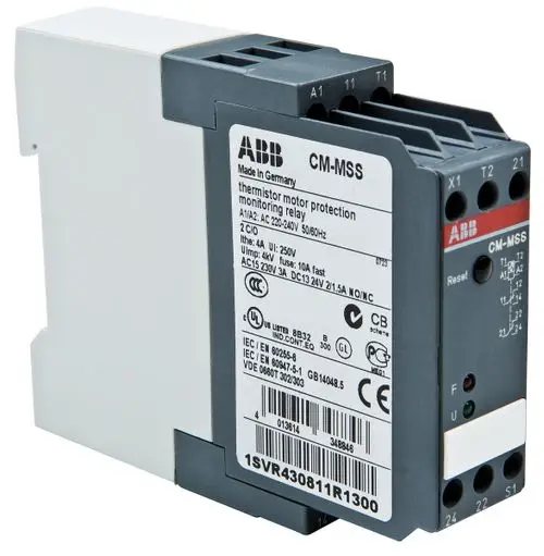 Schwarzes, kompaktes elektrisches Zubehör zur Motorschutzüberwachung. Hersteller ABB. Enthält Anschlüsse für Verkabelung und Funktionstasten.