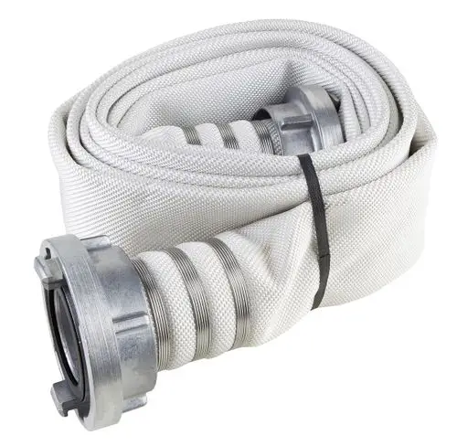 Kringelformierter, grauer Synthetikschlauch mit Storz B Kupplung. Der Schlauch ist für Wasseranwendungen geeignet und stammt von der Marke Wilo.