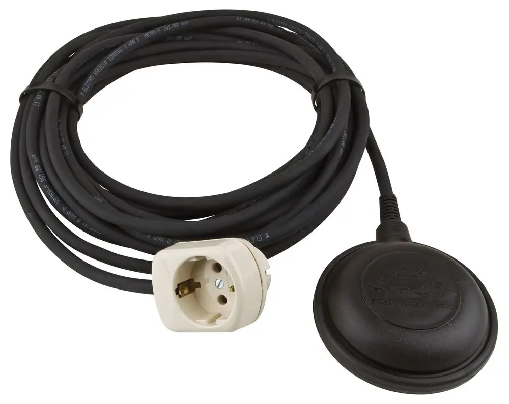 Schwimmsteuerung mit Anschlussstecker und flexibler Kabellänge, verwendet für Wassersysteme von Wilo, mit einem runden Gehäuse und einem weißen Stecker.