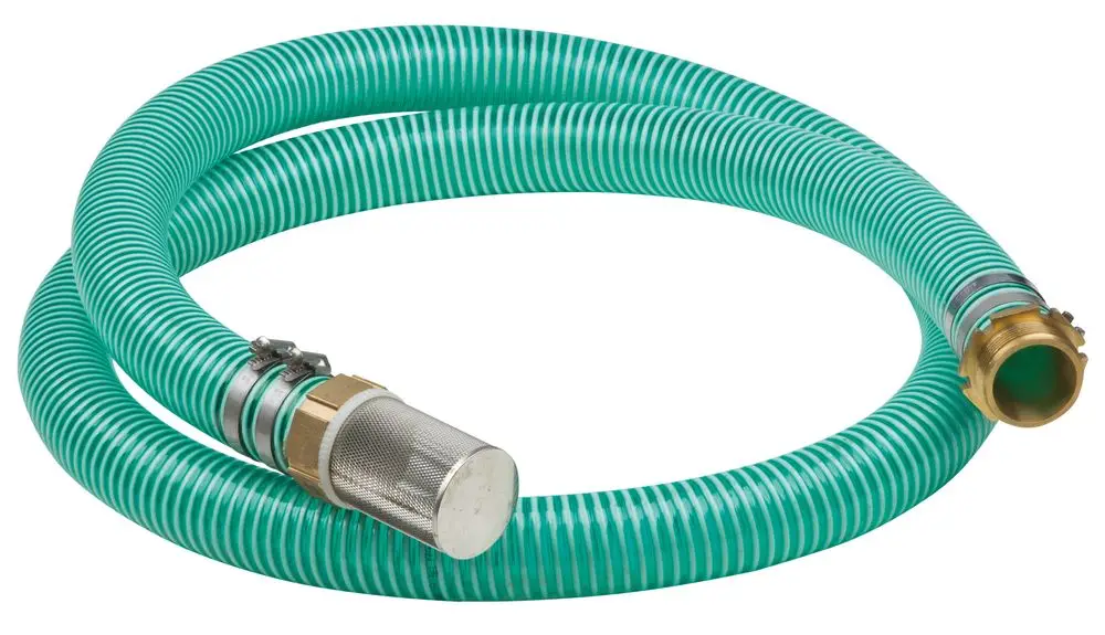 Saugschlauch in grün mit gewellter Oberfläche und metallischem Anschluss, verwendet für Saug- oder Pumpanwendungen, möglicherweise von der Marke Wilo.