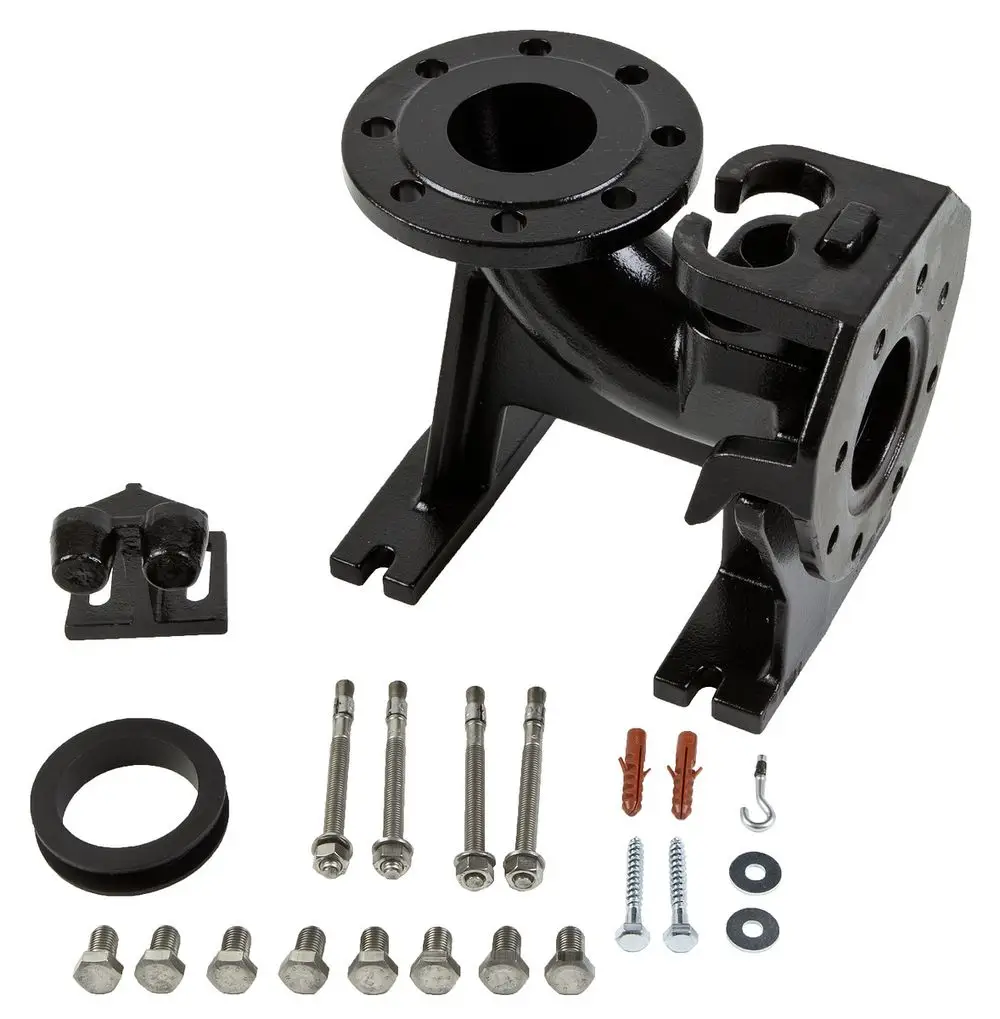 Wilo Einhängevorrichtung aus Metall, bestehend aus einer Hauptkomponente mit Montageschrauben und weiteren Zubehörteilen zur Befestigung und Installation.