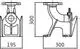 Technisches Diagramm einer Einhängevorrichtung von Wilo mit schematischen Maßen und strukturellen Details, dargestellt in Seiten- und Vorderansicht.