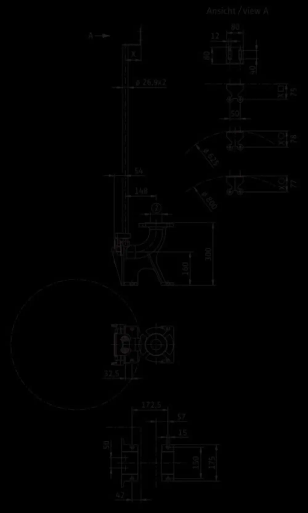 Technische Zeichnung einer Einhängevorrichtung aus mechanischem Zubehör von Wilo, mit Maßangaben und verschiedenen Ansichten zur Montage und Funktionsweise.