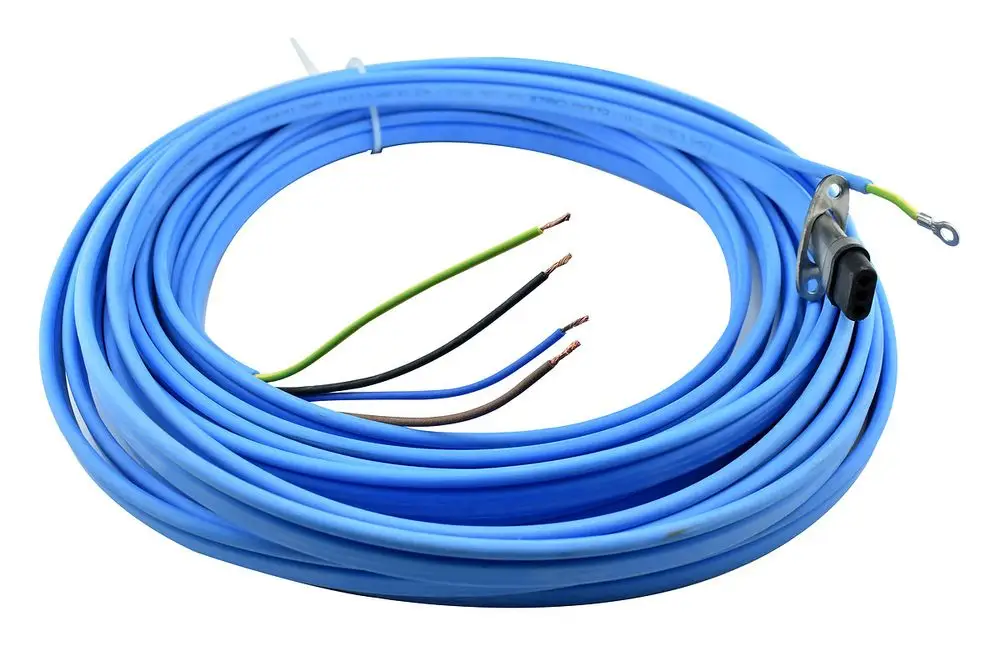 Blaues Motorkabel mit vier Adern (grün, schwarz, braun, kupfer) und Anschlussstecker. Geeignet für Wilo Motoren in Trinkwasseranwendungen.