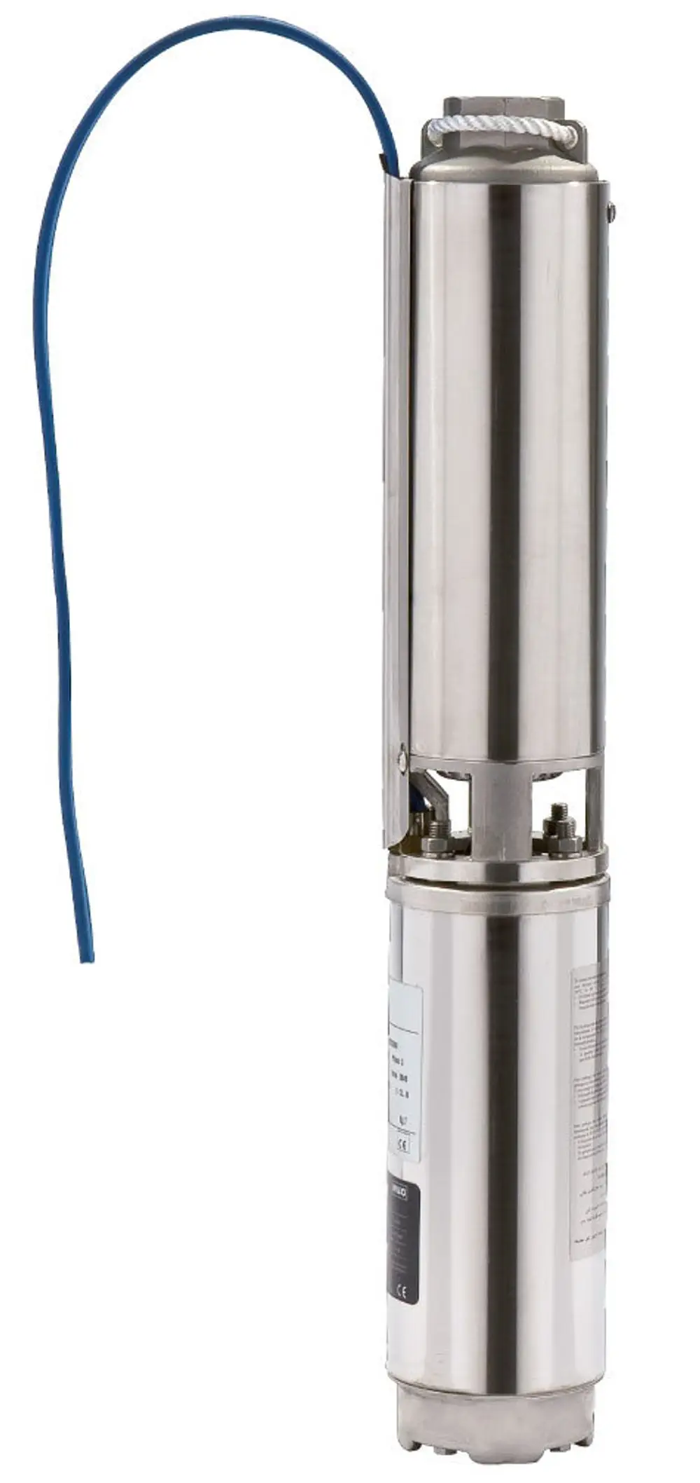 Unterwassermotor-Pumpe von Wilo mit gebürstetem Edelstahlgehäuse und einem blauen Anschlusskabel. Funktionen zur Wasserförderung sind sichtbar.