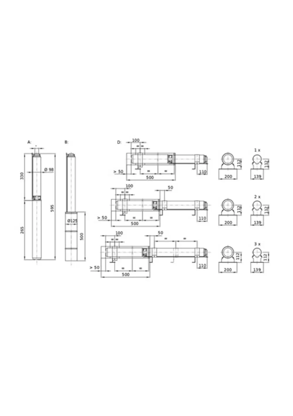 Technische Zeichnung einer Wilo Unterwassermotor-Pumpe mit verschiedenen Ansichten und Maßen, einschließlich Rohrdurchmessern und Montagepositionen.