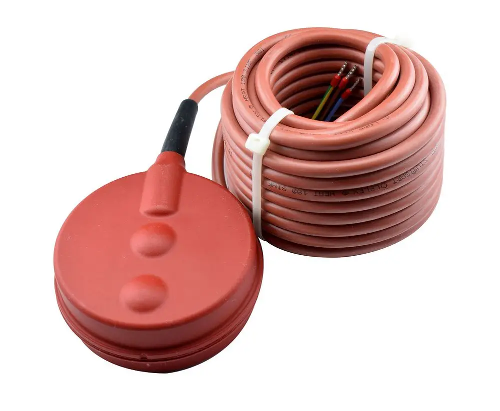 Schwimmerschalter mit rotem Gehäuse und Kabel. Die Marke Wilo ist sichtbar. Kabel sind aufgerollt und mit einem Kunststoffband gesichert.