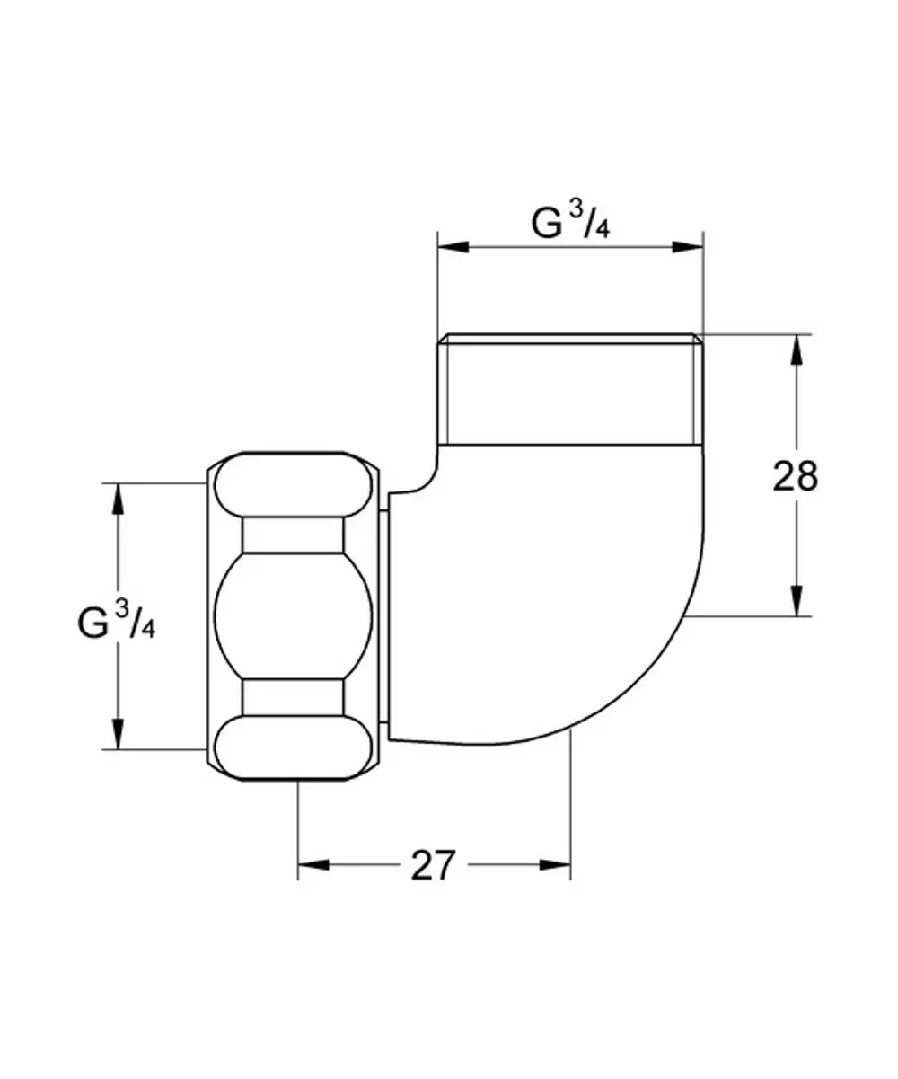 Grohe Anschlusswinkel mit 3/4'' Gewinde, abgewinkelt. Zeichnung zeigt die Maße und Form des Produkts in technischer Darstellung.
