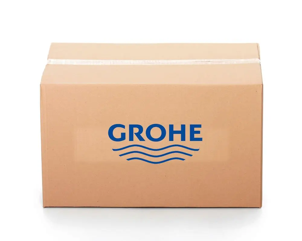 Brauner Karton mit der Aufschrift "GROHE" und Wellenmotiv in Blau, evidently für einen Artikel von Grohe, unbeschriftet und ohne sichtbare Produktdetails.