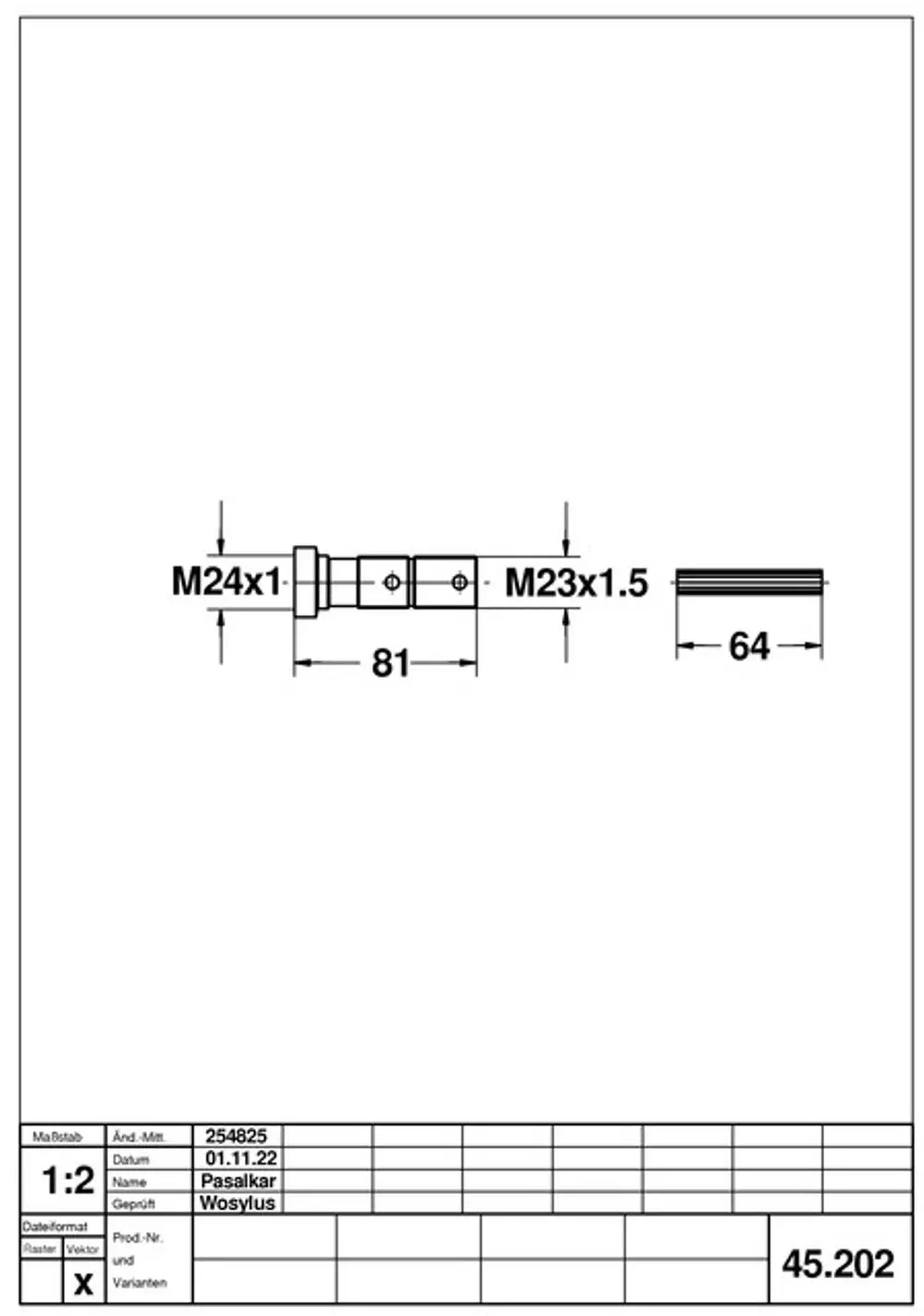 Technisches Zeichnungsdiagramm einer Verlängerung mit M24 und M23 Gewinden, dargestellt mit Maßen in millimetern, aus einem Produkt von Grohe.