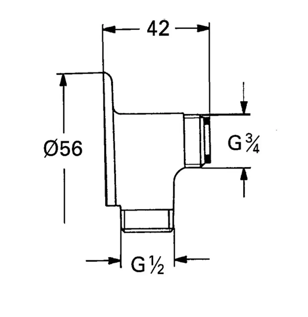 Schematische Darstellung einer Grohe Wandscheibe mit Anschlüssen für G½" und G¾", sowie einem Durchmesser von Ø56. Maße sind deutlich im Bild vermerkt.