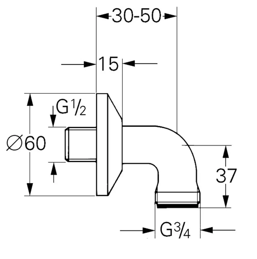 Grohe Anschlusswinkel aus verchromtem Material mit einem gebogenen Rohr. Anschlussgrößen sind G½“ und G¾“. Maße und spezifische Details sind im technischen Zeichnungsstil dargestellt.