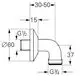 Grohe Anschlusswinkel aus verchromtem Material mit einem gebogenen Rohr. Anschlussgrößen sind G½“ und G¾“. Maße und spezifische Details sind im technischen Zeichnungsstil dargestellt.