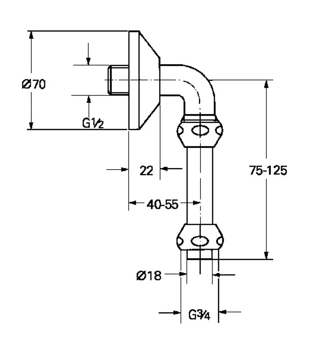 GROHE Abgangsbogen mit zwei Quetschverschraubungen, eine mit G1/2" und eine mit G3/4", in einem gebogenen Design. Maße und Details sind im technischen Zeichnung abzulesen.