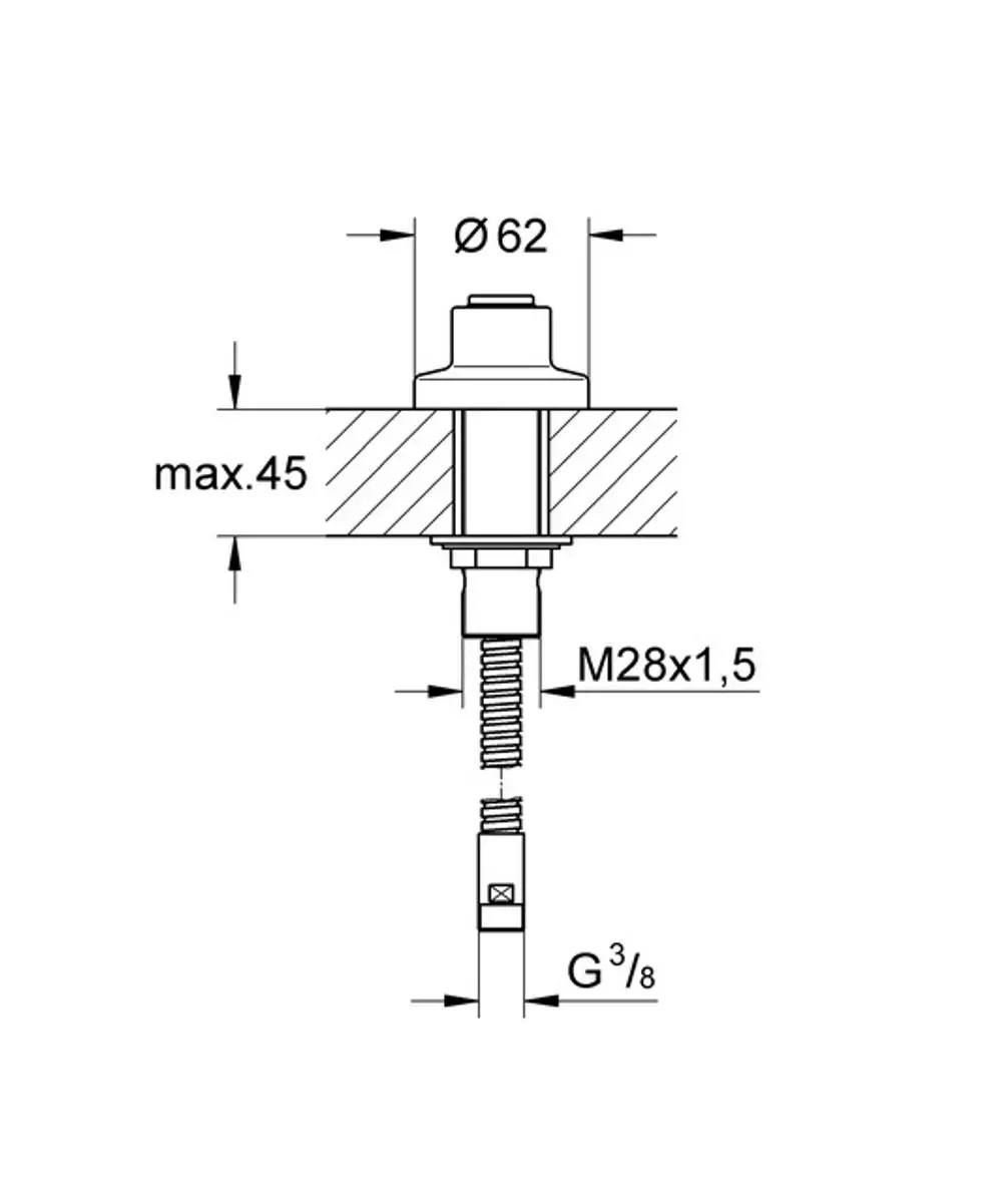 Grafische Darstellung eines Grohe-Produktes zur Durchführung für herausziehbare Brausen, mit Maßangaben und Gewinde.