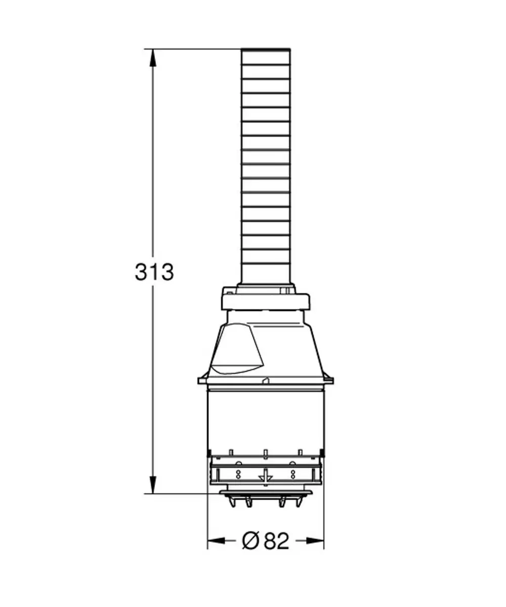 Grohe Ablaufventil mit Hebel für Wandeinbau, zeigt eine detailierte Zeichnung mit Maßen und einem zylindrischen Design. Sichtbarer Durchmesser von 82 mm.