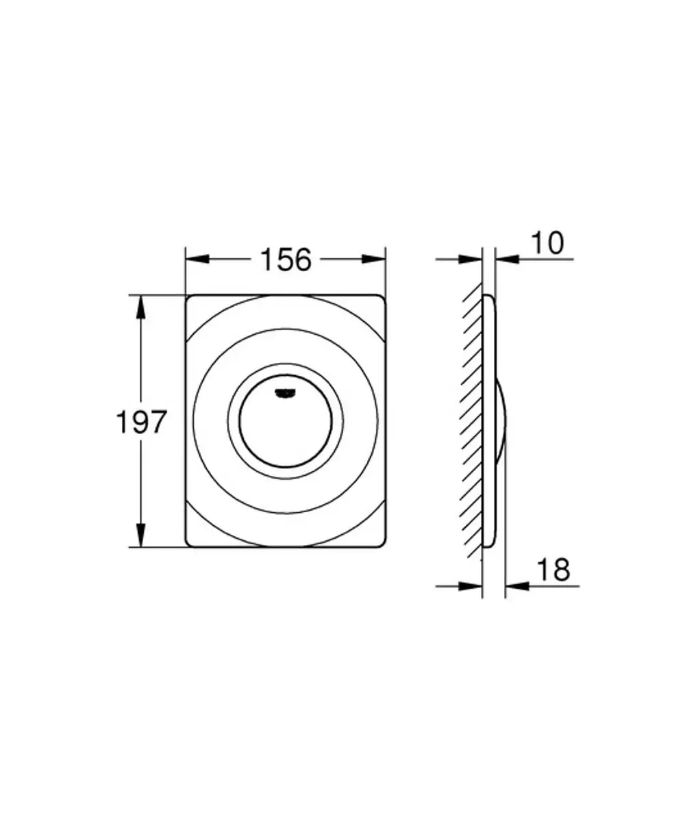 Grohe WC-Betätigung mit Druckknopf, rechteckige Form in Chromoptik, dargestellte Maße und seitliche Ansicht im technischen Design.