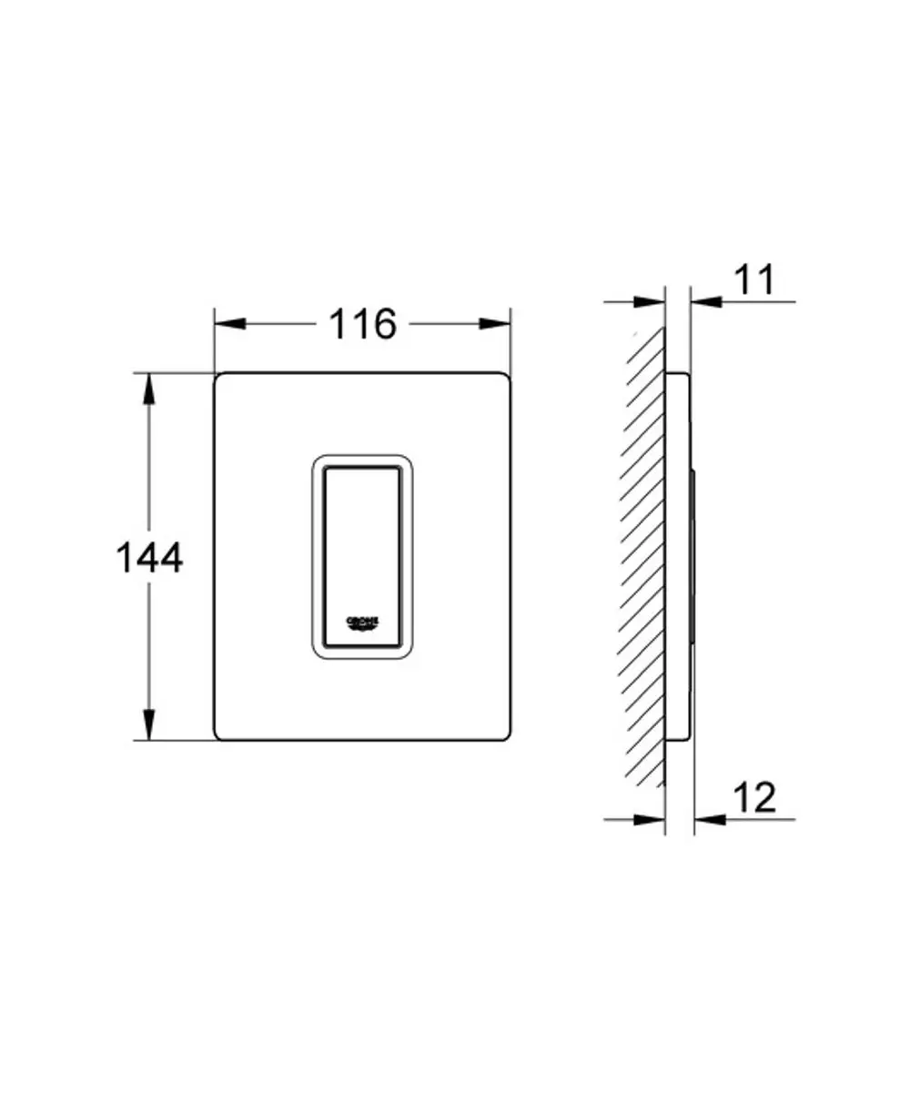 Technische Zeichnung der Grohe Betätigungsplatte Rapido-Skate Cosm: Frontansicht mit 144 mm Höhe und 116 mm Breite, Seitenansicht mit 11 mm und 12 mm Tiefe.