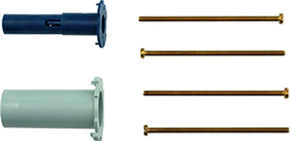 Grohe Produktteile, bestehend aus einer blauen Verlängerung und einer grauen Hülle, dazu vier goldene Schrauben für die Installation oder Anpassung am Thermostat.