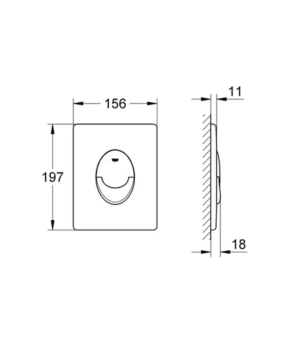 GROHE WC-Betätigung, quadratische Form mit zentralem Druckknopf, Ansicht von vorne und der Seite, zeigt Maße und Positionierung des Knopfes.