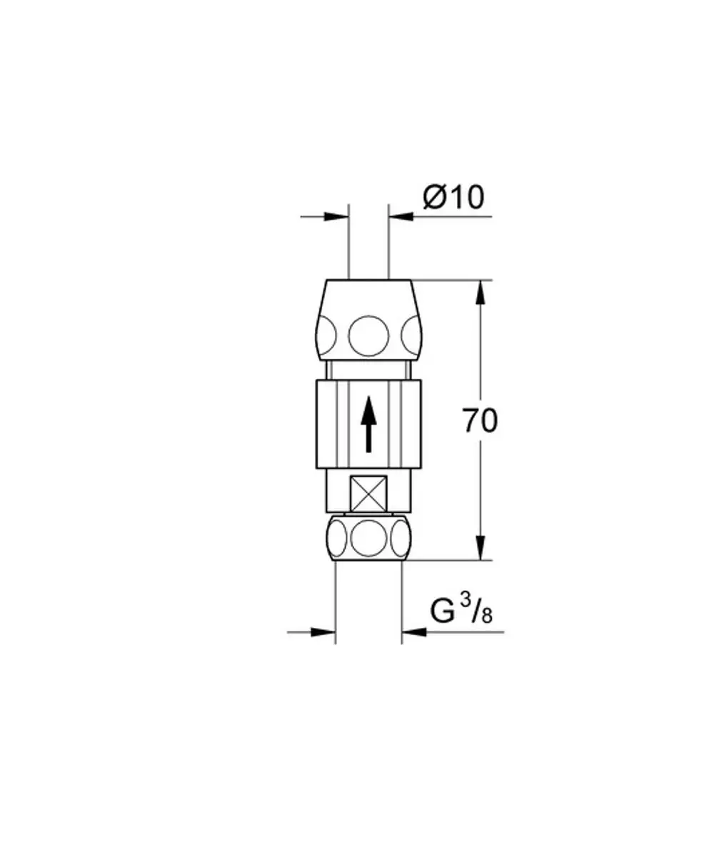 Grohe Rückflussverhinderer mit spezifischer Form und Anschlüssen, dargestellt in einer technischen Zeichnung. Maße und Anschlussgrößen sind visuell erkennbar.