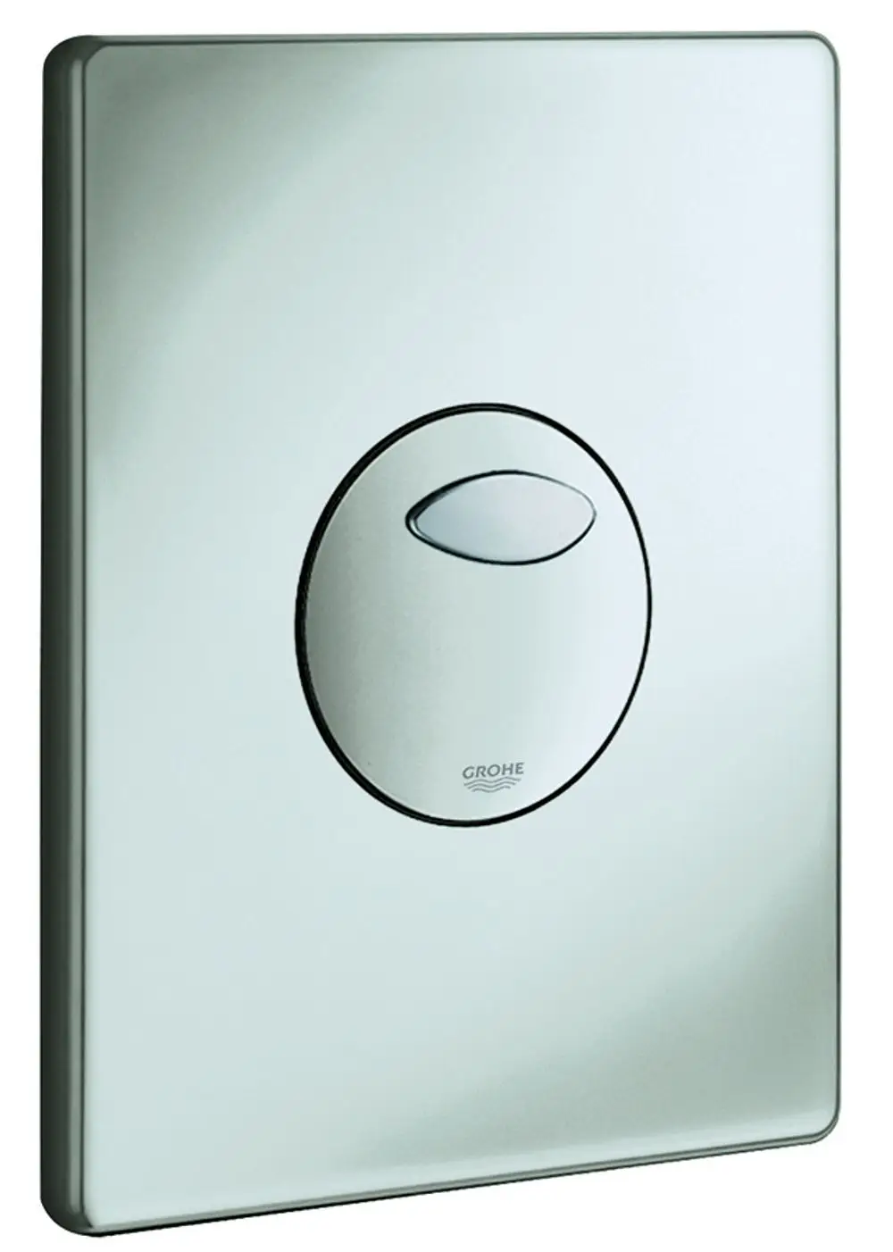 GROHE Betätigung für WC mit chromfarbener Oberfläche. Rundes Druckknopf-Design in der Mitte, montiert auf rechteckigem Grundrahmen.