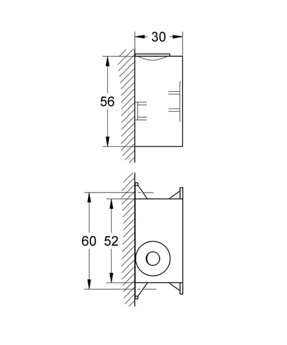 GROHE Anschlussbox mit rechteckiger Form und seitlichen Halterungen, dargestellt in einer technischen Zeichnung, mit Maßen und Durchmesser des Anschlusslochs.