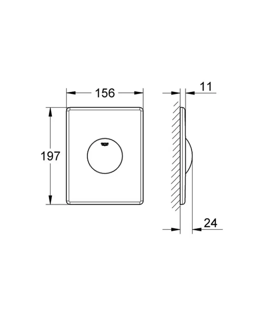 GROHE WC-Betätigung in chromfarbener Ausführung mit runder Betätigungstaste, abgebildet aus der Frontansicht und seitlich, zeigt die Montage- und Abmessungsdetails.